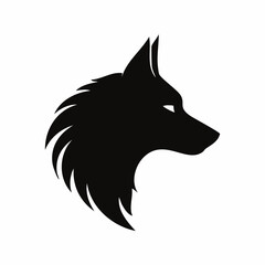 Obraz premium Single black vector silhouette of a wolf head in profile, sharp details in fur and snout, clean white background, modern minimal design