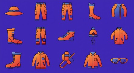 Outdoor adventure and trekking equipment icon collection. Vector graphic set of hiking clothes and accessories for travel