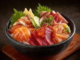 Fresh seafood chirashi don bowl on wooden tray