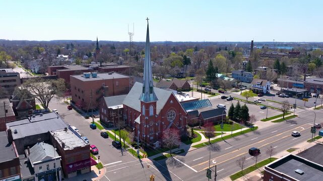 St Paul's United Methodist Church aerial view at 201 S Monroe Street in historic downtown Monroe, Michigan MI, USA. 