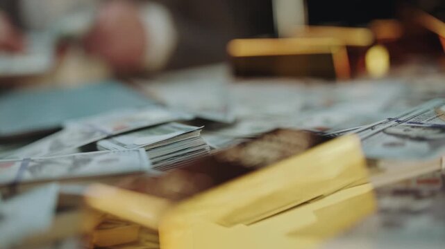 Unknown person counting and stacking dollar banknotes on a table covered with cash and gold bars, representing wealth, illicit activities, success, financial investment, and luxury lifestyle