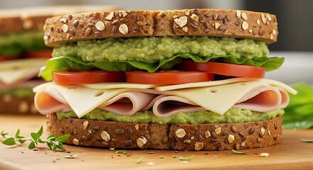 Gourmet deli sandwich stacked high with ham, Swiss cheese, fresh lettuce, tomato, and avocado spread on hearty multigrain bread