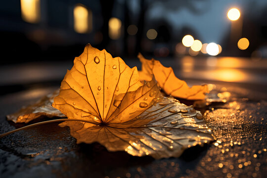 glowing autumn leaf on wet city street - Powered by Adobe