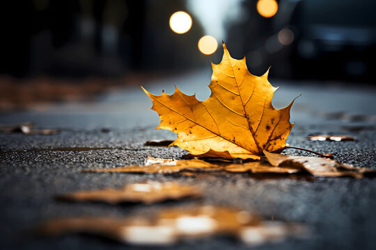golden maple leaf on wet city pavement