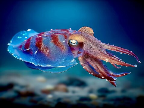 Colorful squid swims gracefully in the deep ocean, showcasing its iridescent skin patterns and unique features during the day