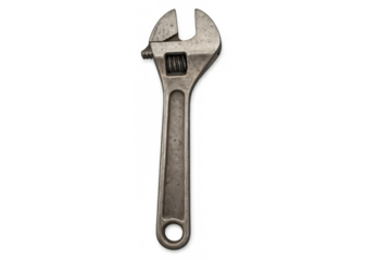 Adjustable wrench tool with metal jaws standing upright, representing repair, plumbing, and mechanical work on transparent background