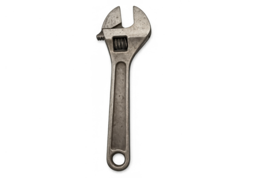 Adjustable wrench tool with metal jaws standing upright, representing repair, plumbing, and mechanical work on transparent background