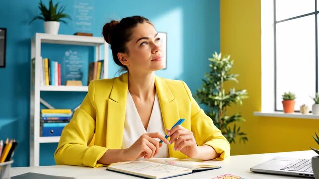 Young woman in a bright yellow blazer working diligently at her desk in a colorful home office.