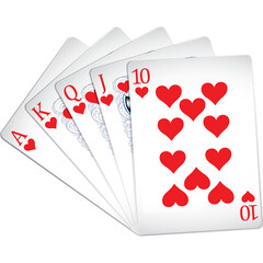 A Royal Flush of Hearts Playing Cards with A K Q J 10 Hearts Symbols on a Clean White Transparent Background