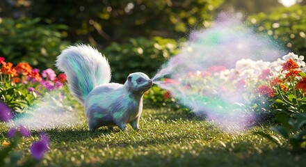 Holographic Skunk Sprinkling Light in a Flower Garden