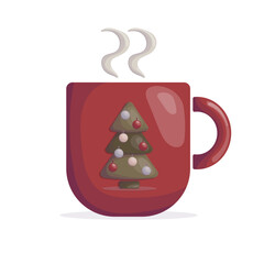 Red mug with steam and Christmas tree perfect for winter designs festive cards posters packaging and cozy seasonal projects