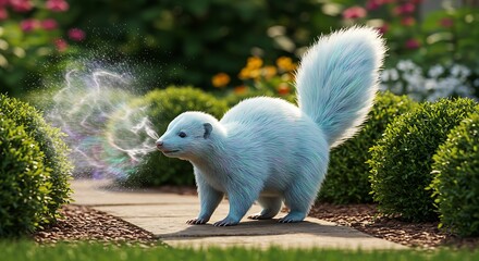 Enigmatic white skunk captured in a serene garden, exhaling a swirling, magical mist along a peaceful pathway, showcasing its rare beauty and a touch of fantasy