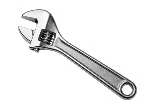 Adjustable wrench tool for repair and maintenance, shiny chrome metal object with transparent background