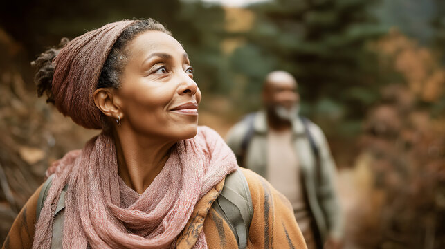Senior African-American woman hiking with spouse, active retirement, copy space