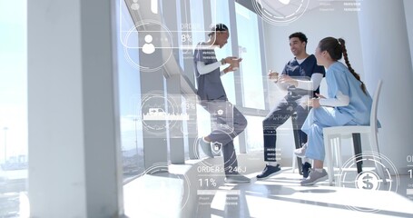 Leaning scrub-clad staff checking smartphone, sipping coffee in hospital breakroom, data overlays © vectorfusionart