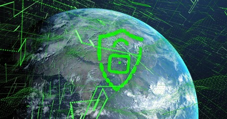 Fototapeta premium Displaying pixelated green shield icon shielding Earth in orbit, with digital network overlay