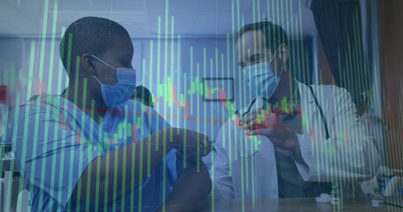 Doctor in lab coat administering vaccine to patient using syringe in clinic, candlestick chart