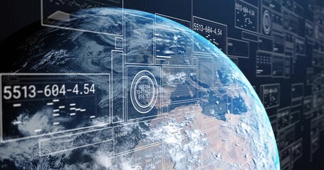 Fototapeta premium Earth globe rotating in orbit with translucent data panels, readouts, grid overlays, circular HUDs