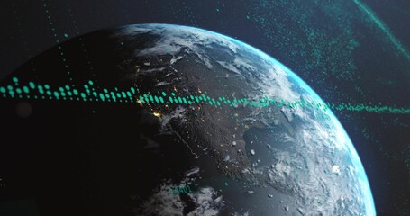 Fototapeta premium Displaying Earth revealing clouds, oceans and city lights in orbit, with teal data waveform overlay