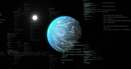 Rotating planet Earth spinning in outer space, floating C++ code fragments and lens flare star