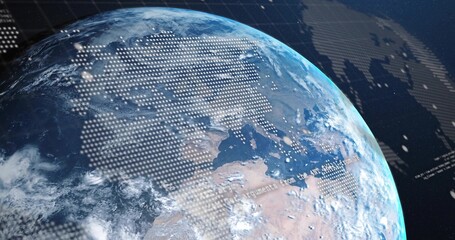 Fototapeta premium Rotating Earth globe showing data overlays and alphanumeric text over space grid