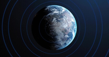 Fototapeta premium Rotating planet Earth partially illuminated by sunlight in outer space, with concentric blue rings