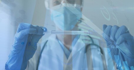 Examining masked gloved lab technician holding sample vial in clinical lab with data overlays