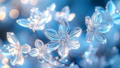 Delicate Crystal Flowers Glowing Against a Dreamy Blue Bokeh Background