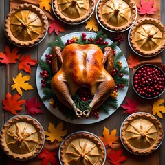 Thanksgiving feast, traditional Thanksgiving dinner, flat lay food, Thanksgiving table, autumn celebration, roasted turkey, Thanksgiving meal, festive dinner, fall harvest, pumpkin pie, cranberry sauc