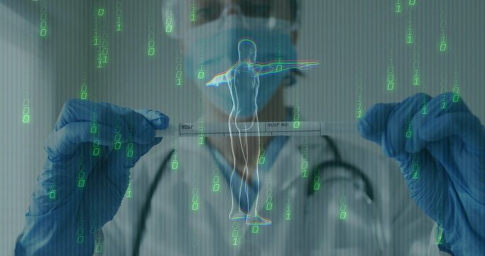 Analyzing doctor holding slide with stethoscope in lab, with human hologram and binary streams