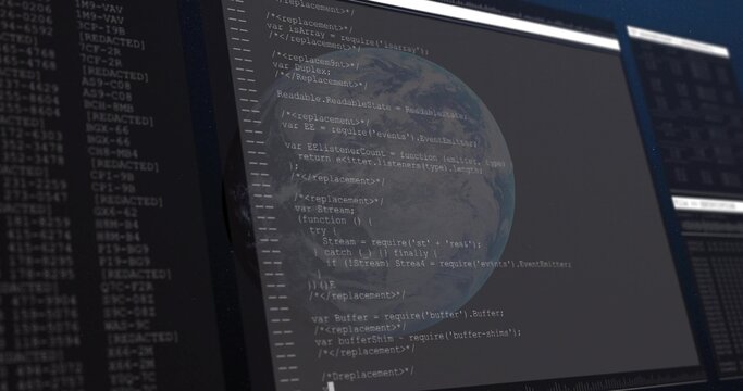 Displaying central monitor showing JavaScript code and globe overlay in workspace, with logs - Powered by Adobe