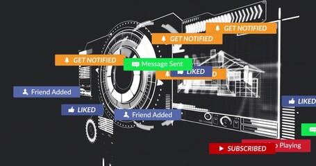 Rotating central HUD displaying notification banners in interface, with wireframe house blueprint