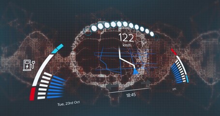 Showing dashboard on map in car dash, with speedometer, indicators, charging icon and route overlay