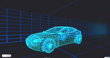 Rendering 3D wireframe sports sedan model in virtual design workspace, with cyan grid enclosure