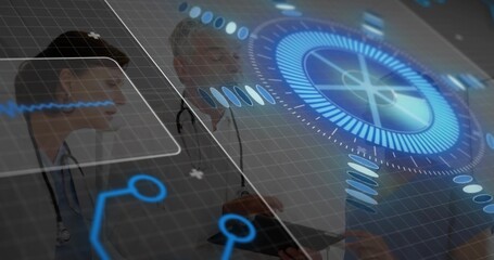 Medical team analyzing holographic medical display in clinic, with nurse cap, tablet, stethoscopes