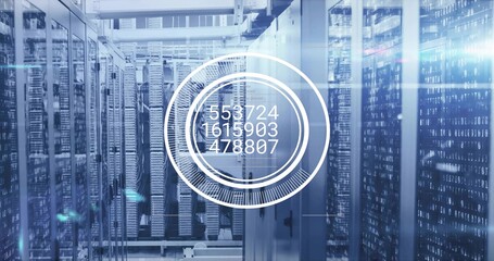 Floating circular interface overlay showing numeric data in server corridor with racks and cables