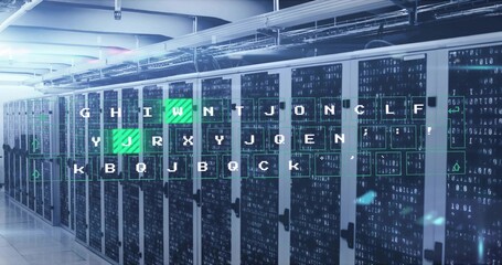 Showcasing server racks lining data center corridor, with keyboard keys and binary digits overlay