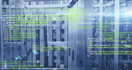 Displaying rack-mounted servers glowing LED indicators in data center, with floating code overlay