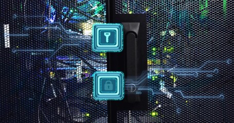 Fototapeta premium Featuring server rack door handle in data center, showing holographic key and padlock icons