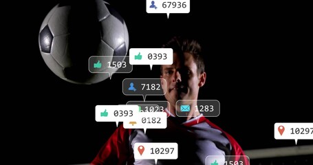 Balancing athlete in red white jersey guiding ball near forehead in studio, with social media icons