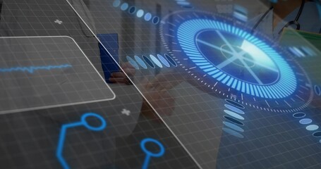 Doctor and patient interacting with circular holographic interface in exam room, with stethoscope