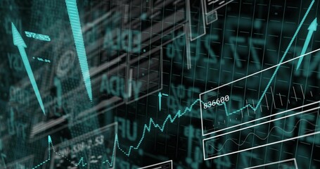 Displaying dashboard showing upward-trending graph on dark grid, with data panels and teal arrows