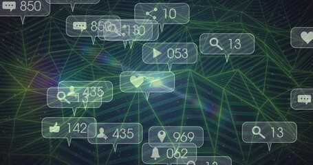 Fototapeta premium Displaying floating notification icons over dark mesh grid, with chat bubbles and heart callouts