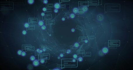 Obraz premium Spiraling network tunnel forming in cyberspace with nodes, gridlines, green chat bubbles, avatars