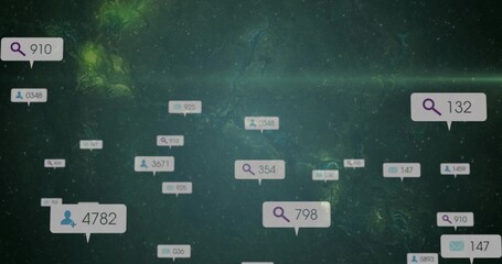 Floating cluster displaying search user message bubbles above dark green backdrop, icon metrics