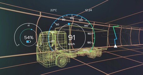 Wireframe semi-truck moving through grid tunnel, with heads-up gauges and navigation arrow overlay