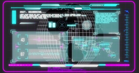 Projecting holographic globe scanning data on virtual control interface, with grid overlay panel