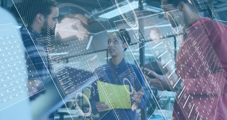 Five professionals collaborating on data in office, with display, yellow folder, tablet, smartphone