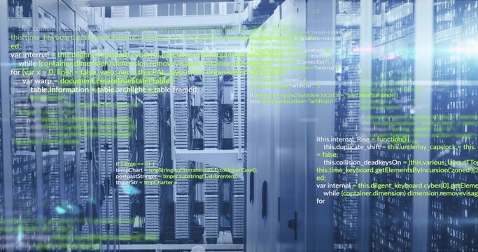 Displaying rack-mounted servers glowing LED indicators in data center, with floating code overlay