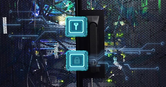 Featuring server rack door handle in data center, showing holographic key and padlock icons